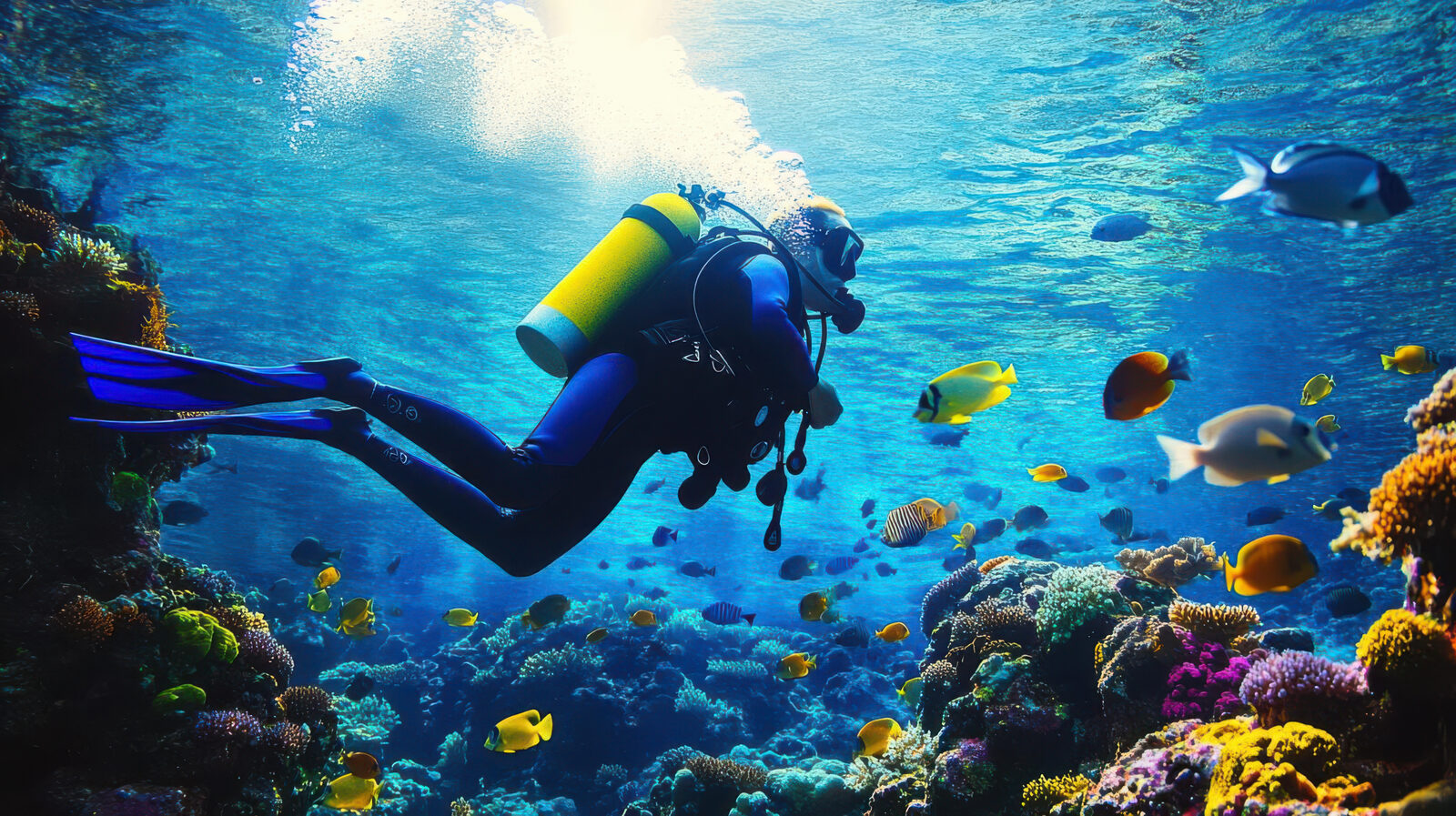 A diver among fish on a reef