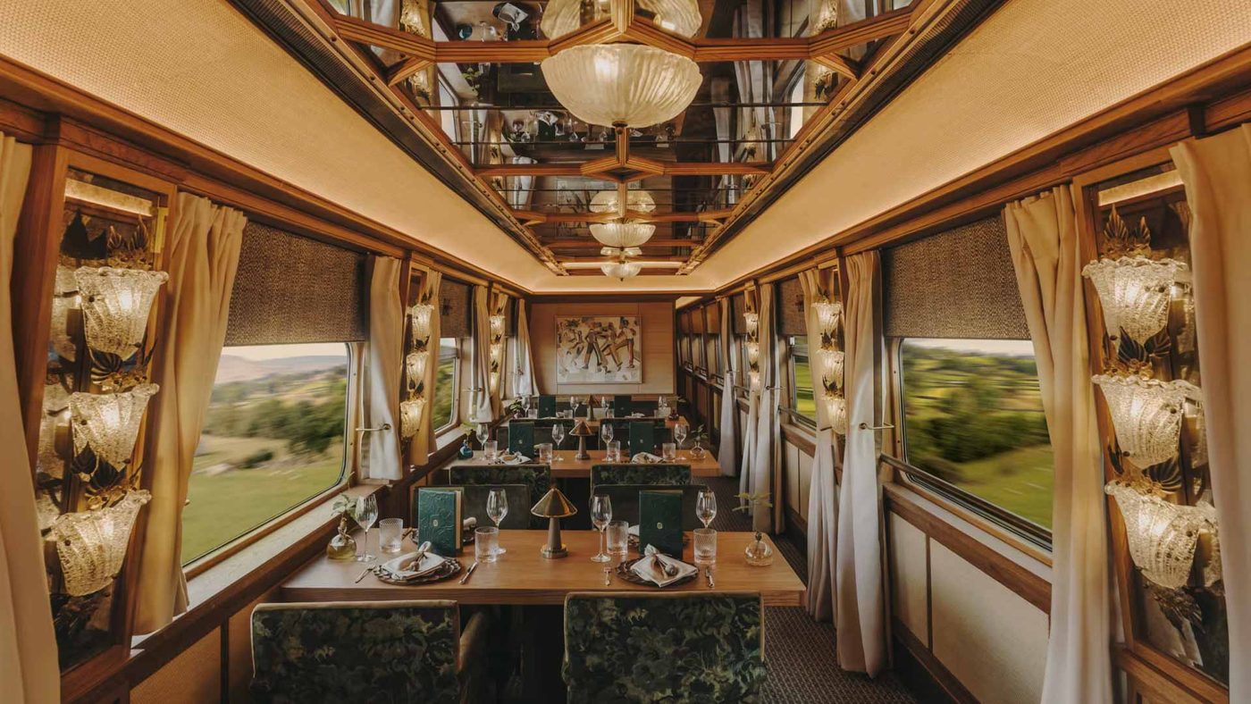 The dining car of the Britannic Explorer, tables laid