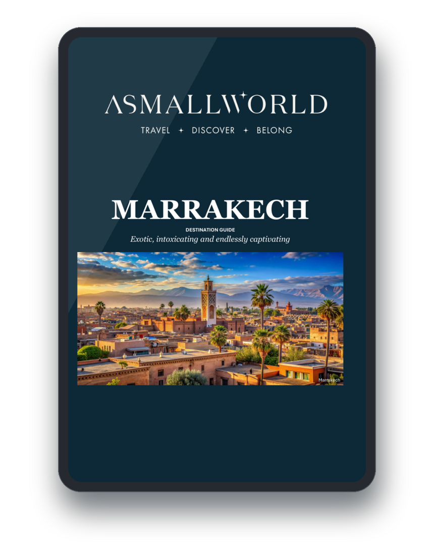 The Marrakech dossier on a tablet, showing the city below the Atlas