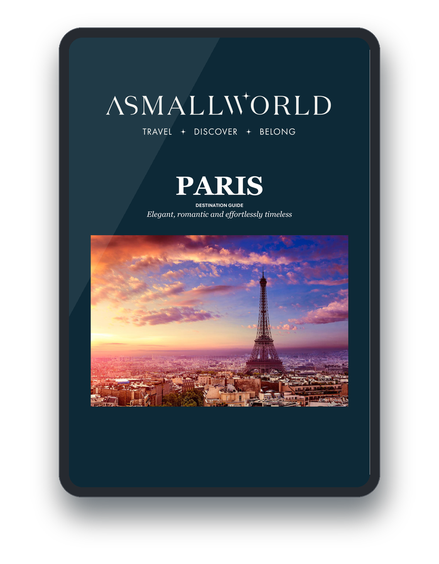 The Paris dossier on a tablet, showing the Eiffel Tower at sunset