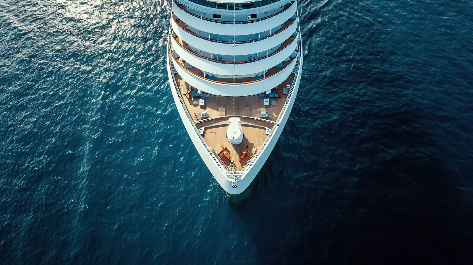 The bow of an expedition ship seen from above