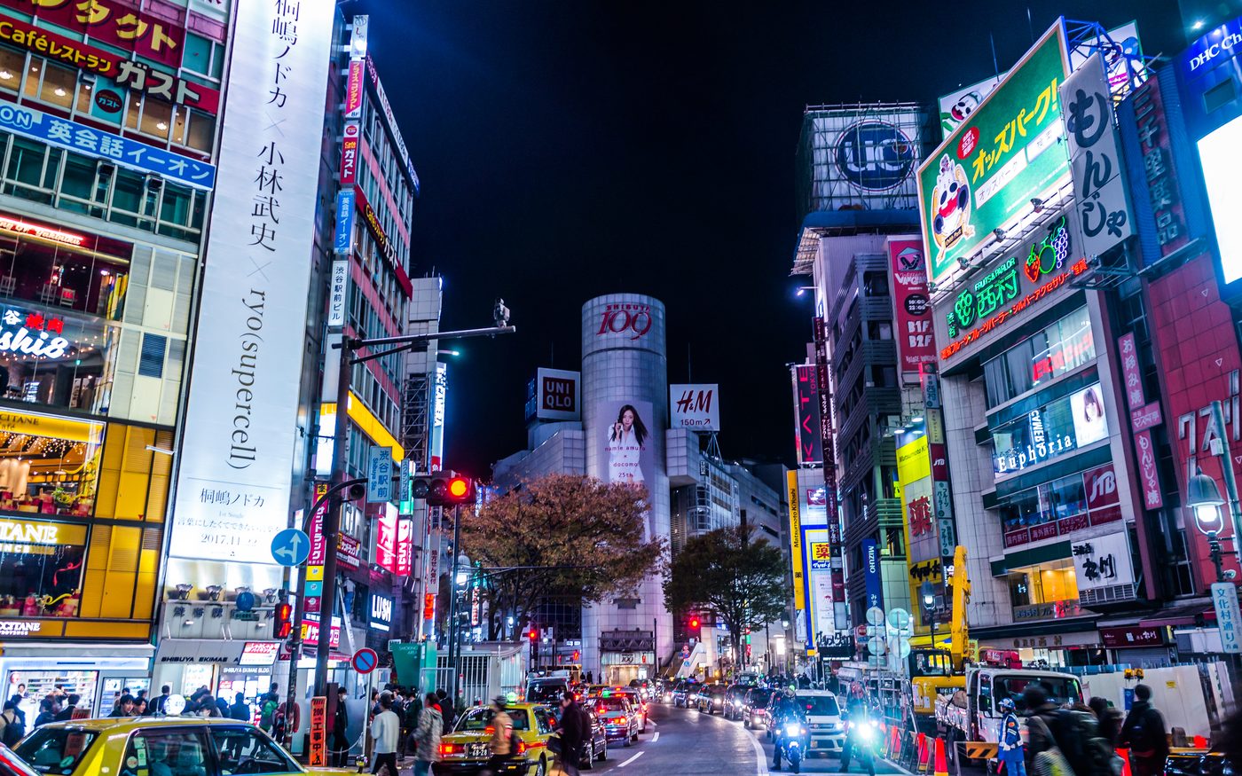 The lit crossing at Shibuya after dark