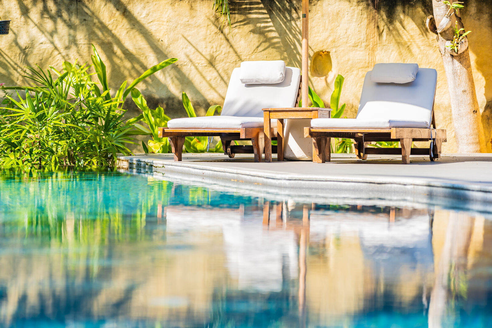 Loungers beside a villa pool under palms