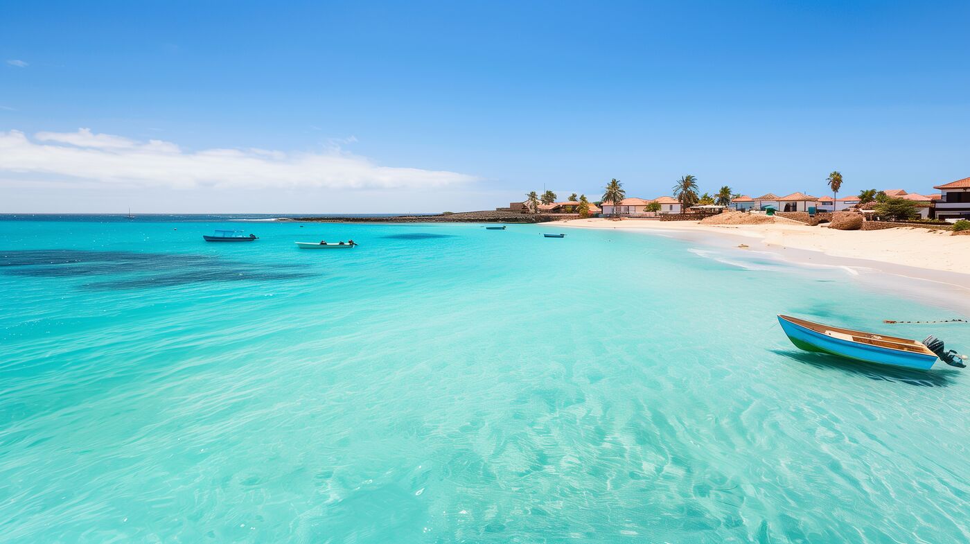 A small boat on clear turquoise water off a white beach