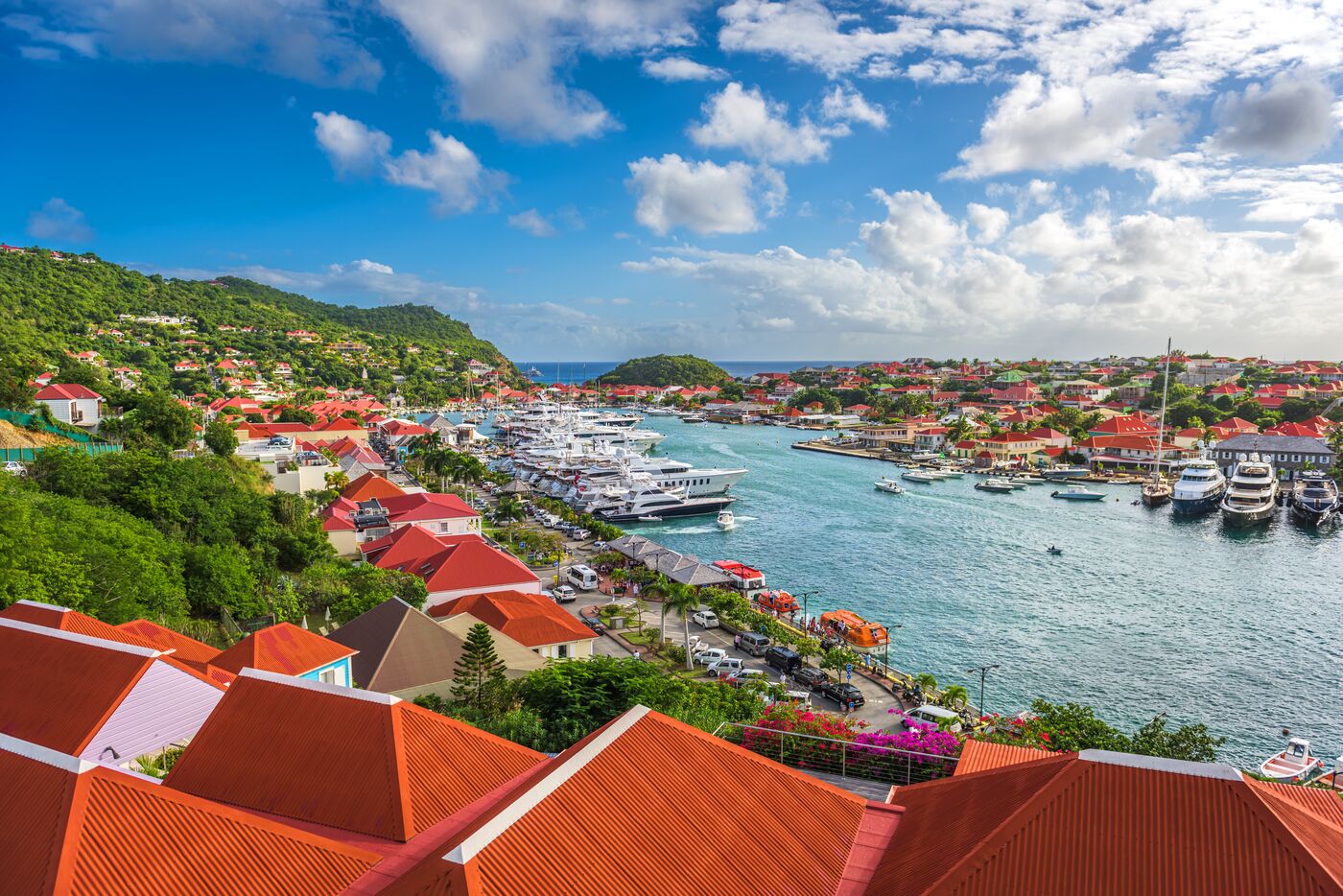 Red roofs above a harbour full of yachts