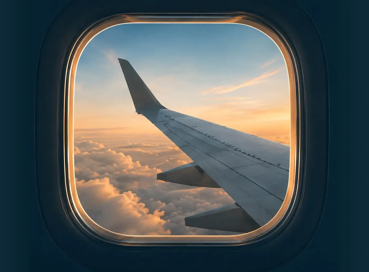 An aircraft wing above the clouds, seen through a cabin window
